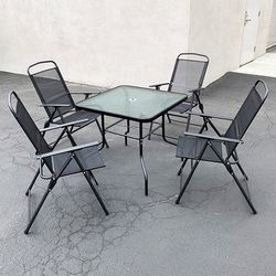 (NEW) $100 Patio 5pcs Dining Set with 32x32” Table and 4pc Folding Chairs, Outdoor Furniture 