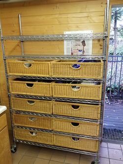 Metro shelves with baskets.