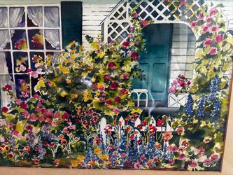 Original painting of a cottage with an English garden painted by me