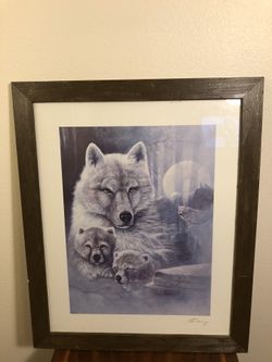 Vintage Signed And Framed Wolf Artwork.