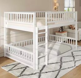 Polibi White Queen Over Queen Bunk Bed with Ladder and Guardrails