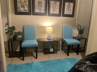 Chairs, End Tables, Lamp, Coffee Table, Plants and Area Rug
