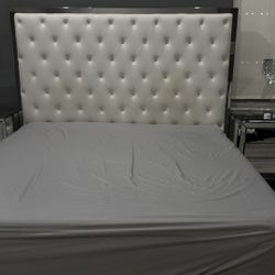 Tufted White Queen Bed Frame with Mirrored Nightstands (Set or Separate) 
