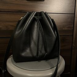 Women’s Pebbled Black Leather Bucket Bag with Relaxed Drawstring Opening—Portland Leather Made 