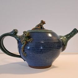 Handmade Glazed Stoneware Pottery Teapot with Frogs, Blue & Green   *ONE OF A KIND*