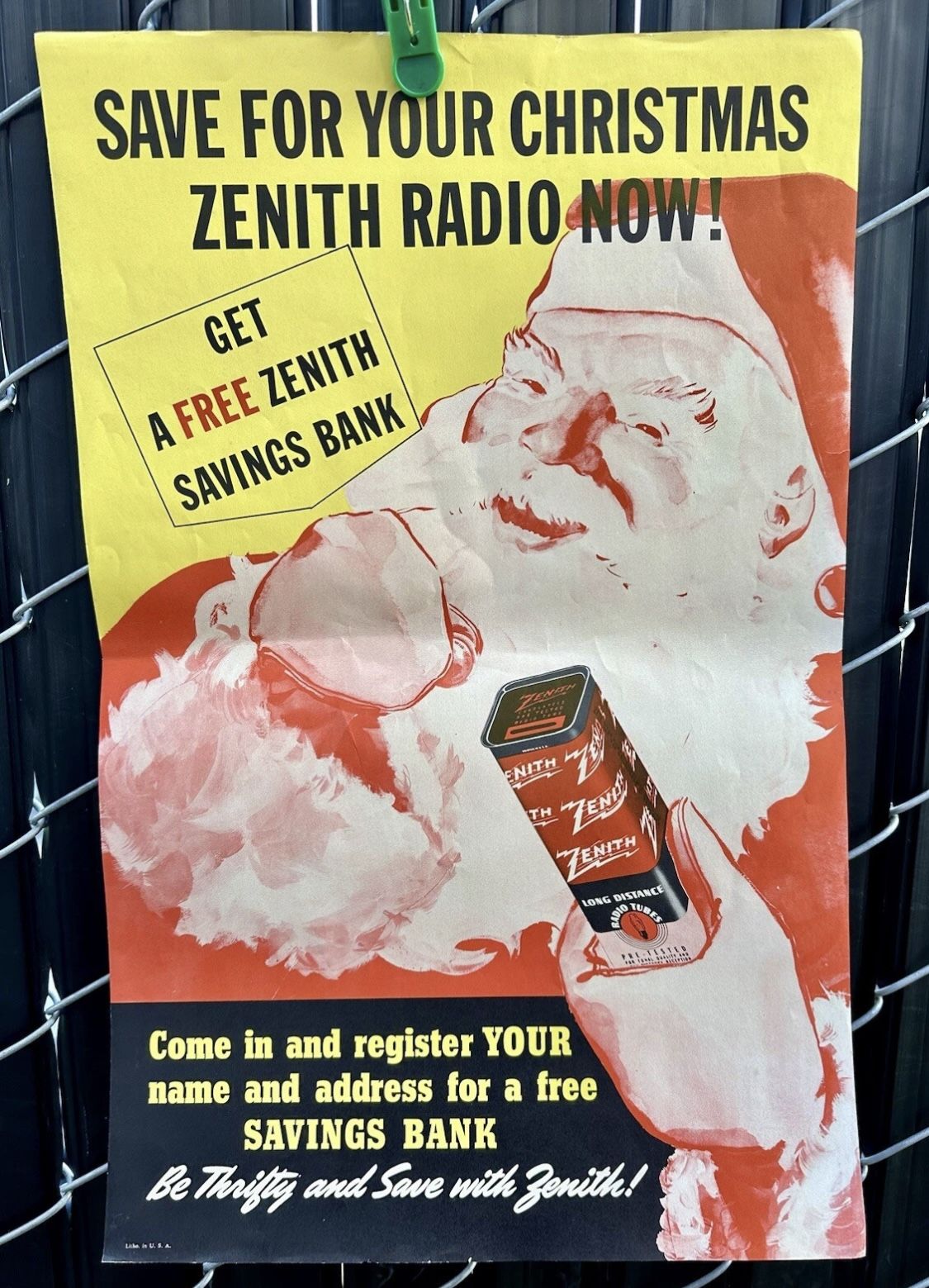 VINTAGE POSTER CHRISTMAS ZENITH RADIO SAVINGS BANK MONEY BOX 22x14 INCHES