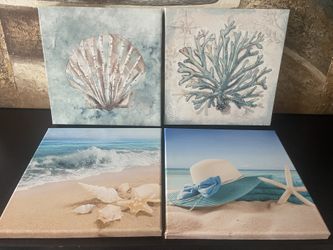Set 4-piece canvas wall art decor coastal and beach-themed 12”x12”