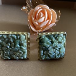 Vintage Green Jade Aventurine Chips Square Gold Tone Cufflinks 