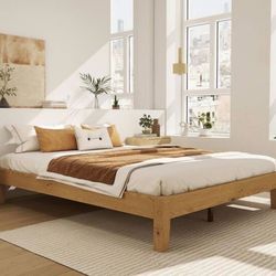 Mid Century Honey Brown Solid Wood Frame Full Size Platform Bed