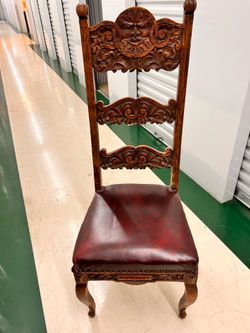Antique Carved Oak High-Back Chair with Leather Seat