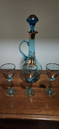 Hand blown ice blue glass decanter and glasses