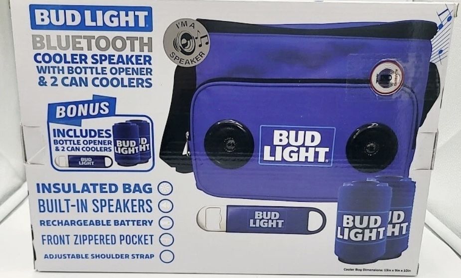 BUD LIGHT Blue Soft Cooler With Built in Bluetooth Speaker Portable Rechargeable