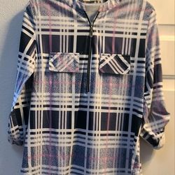 Moyabo women's tunic blouse in a blue, pink, and white plaid pattern with 3/4 cuffed sleeves and a 1/4 zip.  Women's Med