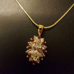 Elegant Ruby & CZ Stones Necklace/pendant On A Sterling Silver 18" Snake Chain.