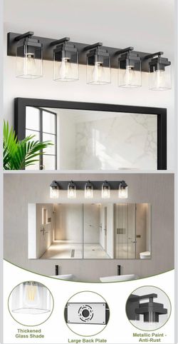 Matte Black Bathroom Light Fixtures, 4 Lights Bathroom Lighting Fixtures Over Mirror, Square Design & Rectangle Large Backplate, Modern Vanity Lightin