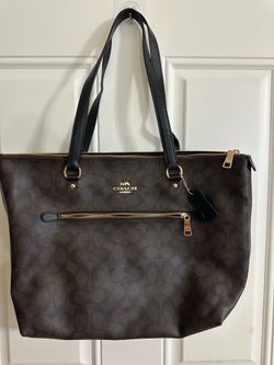 Coach Signature Brown Logo Zip Tote, Black Leather Double Handles, Gold HW
