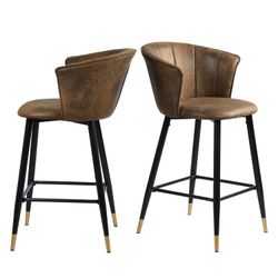 Homy Casa DONCIC 2PC 26” Counter Bar Stool, Brown Suede, Black & Gold Legs
