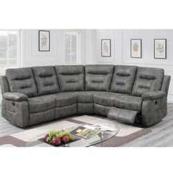 Antique Grey Leather Like Fabric Power Recliner Sectional With Built In USB Port To Charge Your Phone Brand New In Box Firm Price $899
