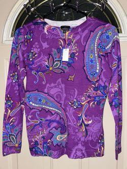 NEW WITH TAGS. TALBOTS Womans Purple Paisley Sweater 100% Merino Wool