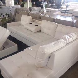 
••ASK DISCOUNT COUPON🛎 sofa Couch Loveseat Living room set sleeper recliner daybed  ■heights White Faux Leather Reversible Sectional With Strg Ottom