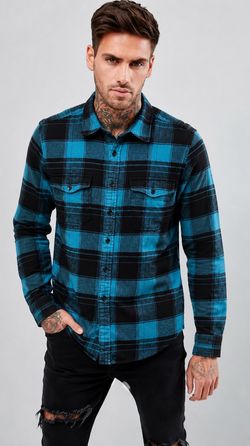 Fox Racing Shirt Mens Small Aqua Blue Plaid Flannel Long Sleeve.