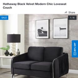 Hathaway Black Velvet Modern Chic Love Seat Couch 