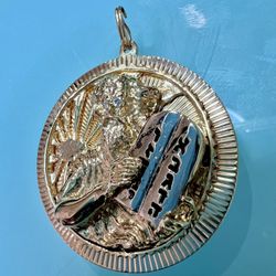 💎 Featuring Moses Holding The 10 Commandments, Majestic 3-D Vintage 14 Karat 2-Tone Yellow & White Gold & Diamond Charm Pendant 25.5g