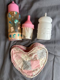 Vintage Toy Doll Bottle & Accessory Lot - Gerber & Heart Pouch