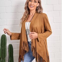 ZARA BASIC FRINGE JACKET CARAMEL SIZE: M