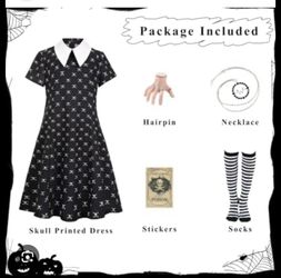 Wednesday Addams Family Gothic Skull Print Dress Costume Set
