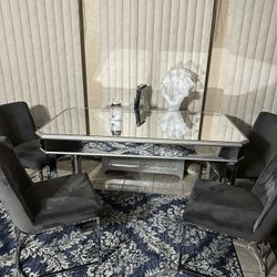 Glass Mirror Table With 4 Chairs Dining Room Kitchen 