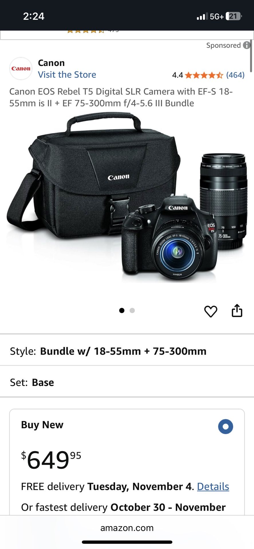 Canon EOS Rebel T5 Digital SLR Camera with EF-S 18-55mm is II + EF 75-300mm f/4-5.6 III Bundle