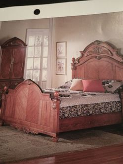 It's just beautiful, but very nice.Wood bedroom set queen size bed , three hutches , footboard , headboard , sideboards , perfect shape , nothing wron