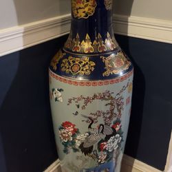 Vintage Chinese Tall Cobalt Blue And Gold Floor Vase