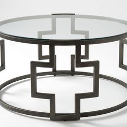 Modern Round Coffee Table | 36 Inch Glass Top | Dark Bronze Greek Key Base