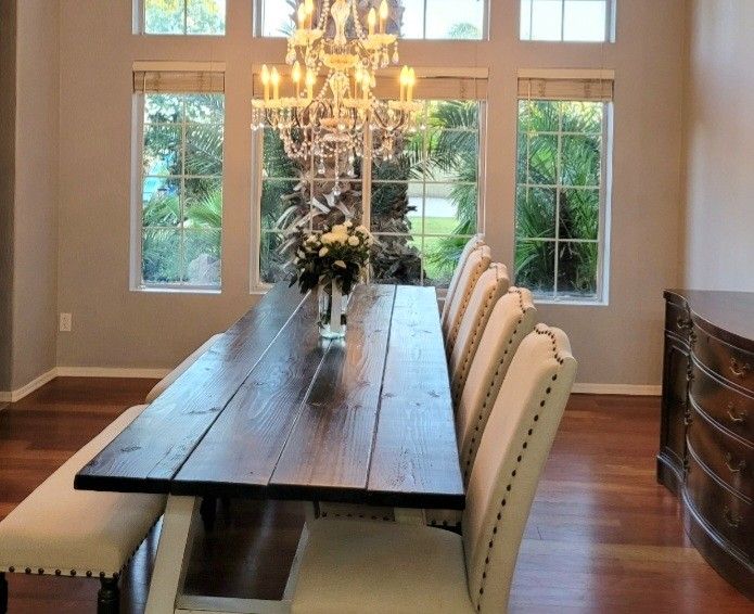 10' Farmhouse Table With 4 Wooden Benches