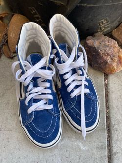 Vans Sk8-Hi Bolt shoes in the "True Blue/Black" colorway, featuring a unique lightning bolt detail along the rubber midsole. Size 4