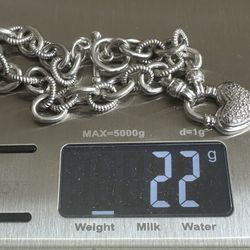 925 Sterling Silver Link Bracelet W/genuine All Pave Diamonds Heart ❤️ Charm. Size 7.5 In. 💎 Diamond Tested And Hallmarked , Gorgeous! 