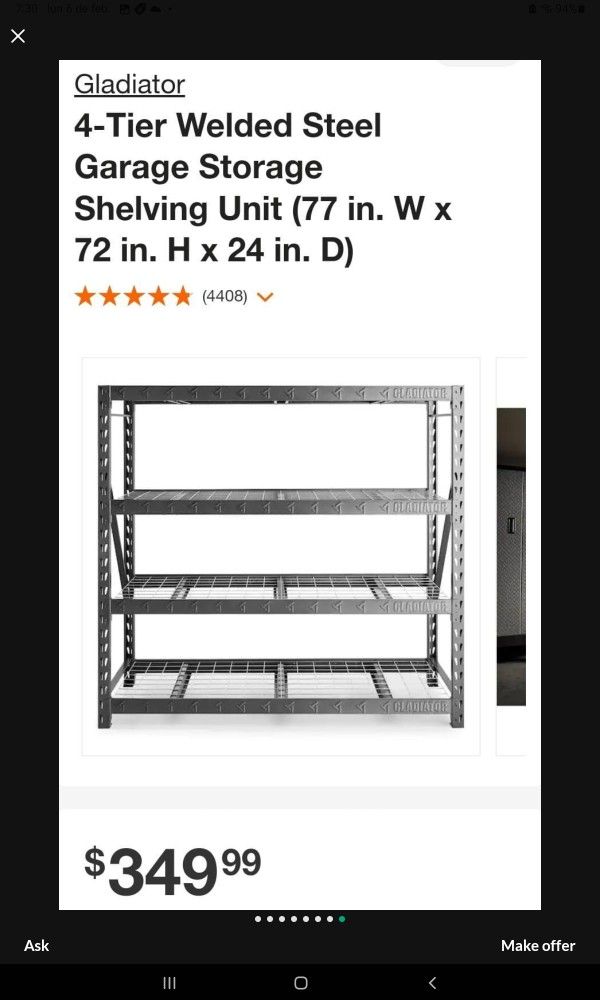 GLADIATOR 4-TIER WELDED STEEL GARAGE STORAGE SHELVING UNTIL 87"IN W X 72"IN H X 24"IN D