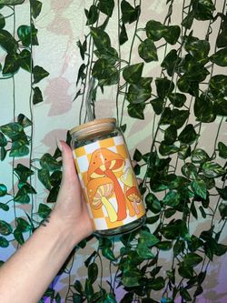 Mushroom Glass Cup 16 oz with Straw, Lid, and Straw Cleaner! 