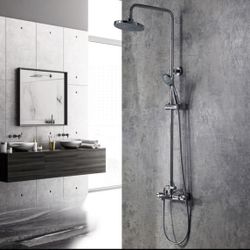 KS #060202 Modern Exposed Thermostatic Shower System With Handheld Shower Tub Spout Solid Brass