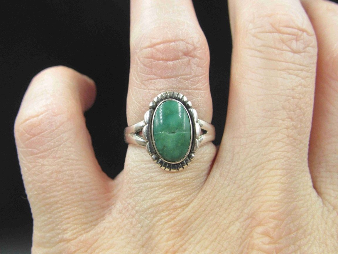 Size 7 Sterling Silver 1940s 50's Native Turquoise Stone Band Ring Vintage Statement Engagement Wedding Promise Anniversary Cocktail