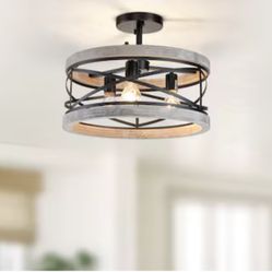  17.25-in Black Indoor 3 -Light Semi-flush Mount Light with Wood Shade