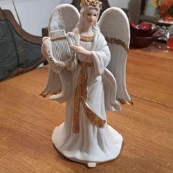 Porcelain Musician Angel With Lyre Harp Traditions Collection, Hand Painted Gold Accents 8.75"H