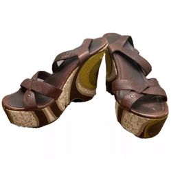 Miu Miu Brown Leather Platform Wedge Sandals Size 37 1/2 