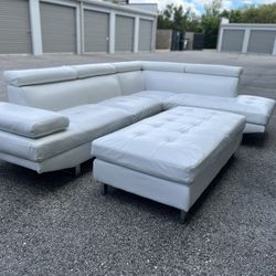 White Leather Modern Sectional Like New!