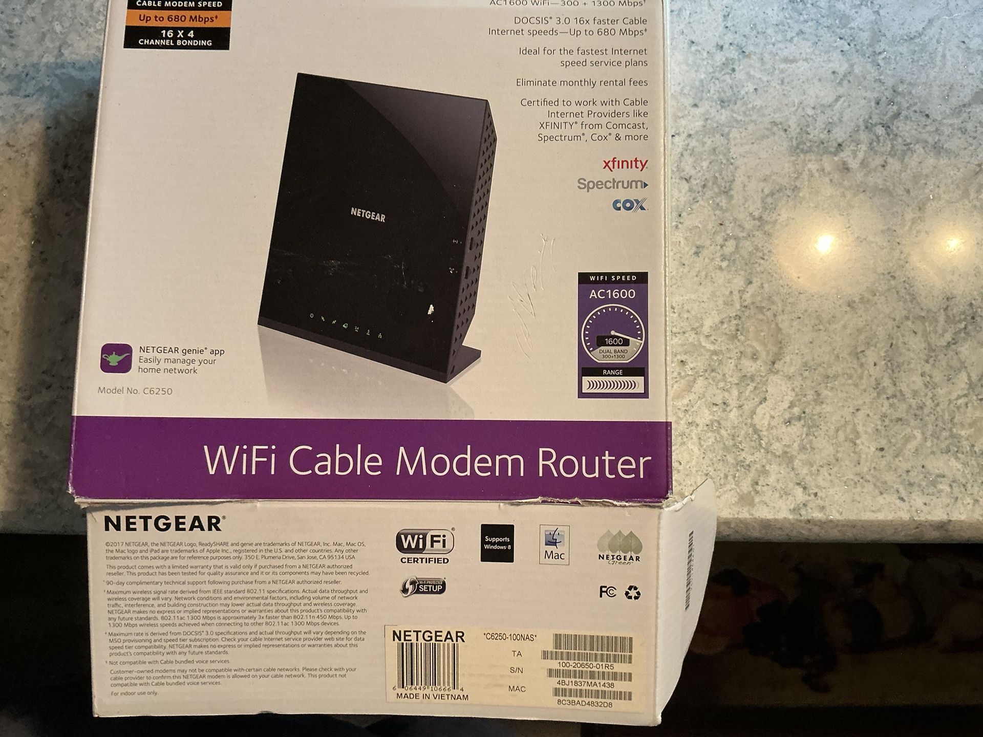 NETGEAR AC1600 WiFi Cable Modem Router, Model C6250
