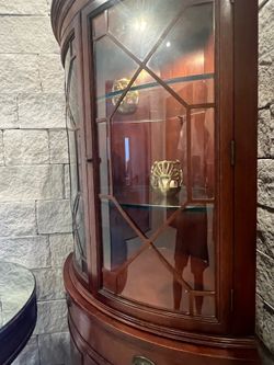 Antique Mahogany Curved Corner Cabinet with Custm Glass Shelves and LED lighting