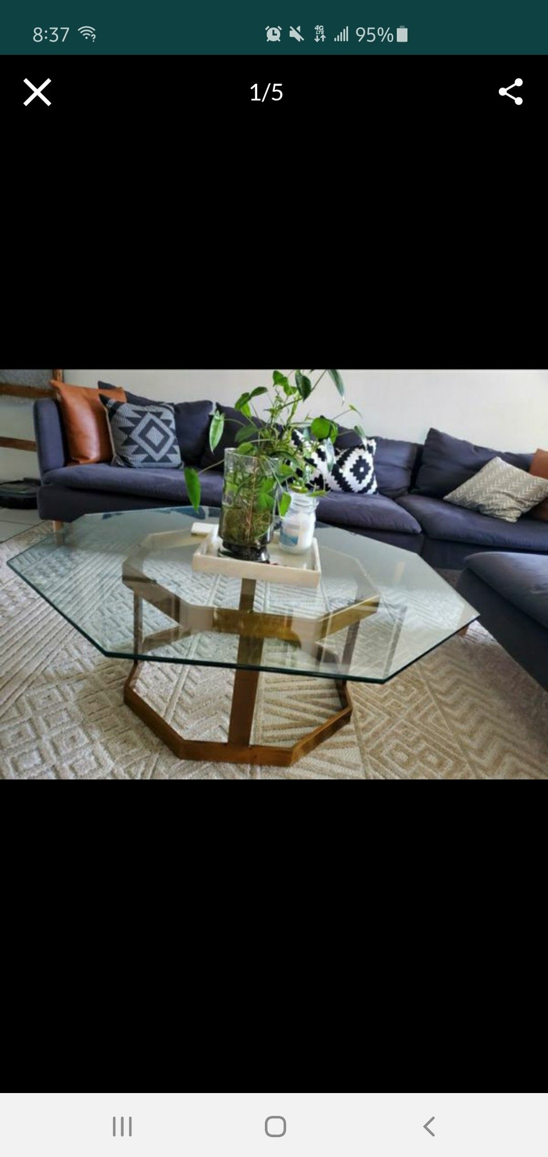 Glass hexagon table with brass base. Great condition!