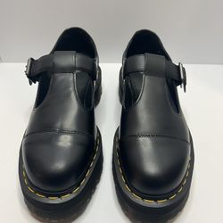Dr. Martens Mary Jane Black Leather Flats Buckle Cap Toe Round Toe Women's 10